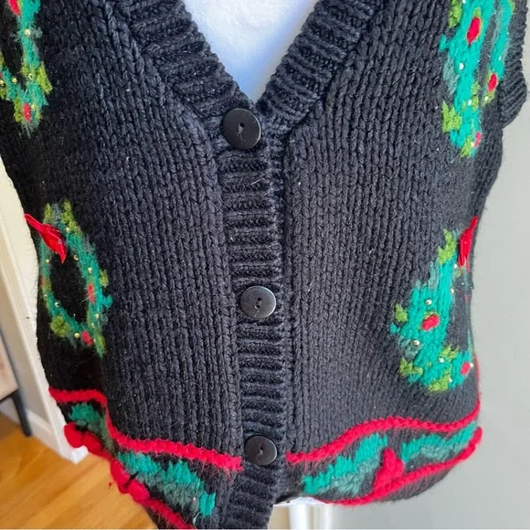 Vintage Christmas Sweater Vest Knit Holiday Wreaths Ugly Xmas Party Women’s L - Picture 9 of 10